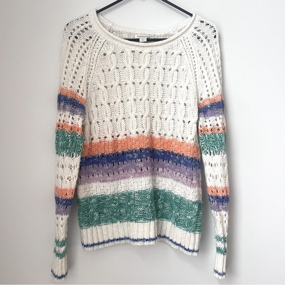 Sundance Cable Knit Sweater Womens Size Small  White Stripe Long Sleeve